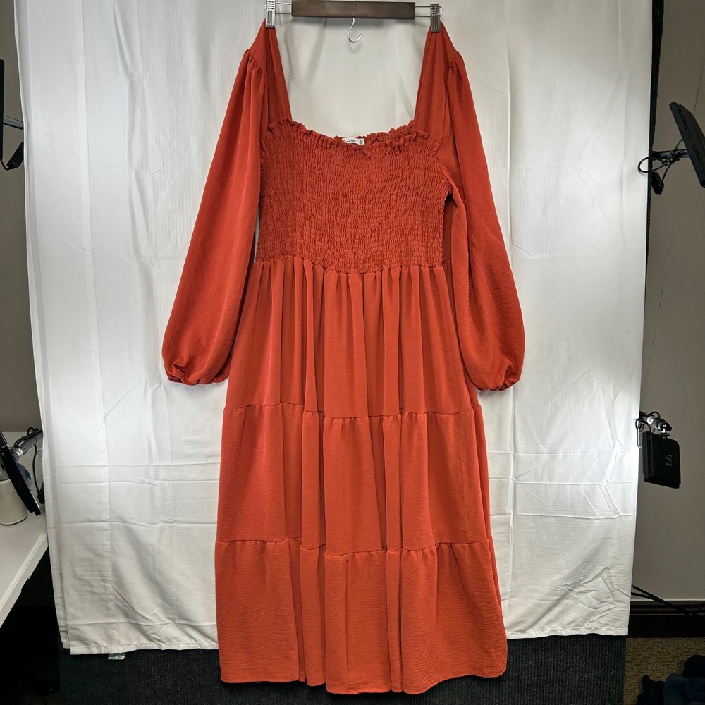 Culture Code Tiered Midi Dress Womens 3X Rust Orange Smocked Balloon Sleeve